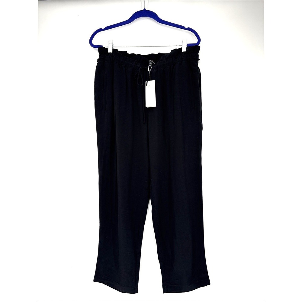 Eileen Fisher Crepe Straight Pants Large Petite PL Black Drawstring Waist NWT
